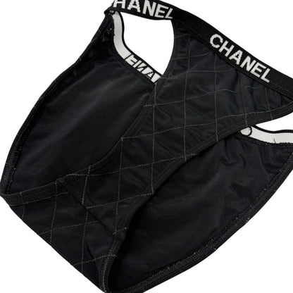 CHANEL Vintage CC Logo Swimsuit Swimwear Bikini Black White Nylon 106952
