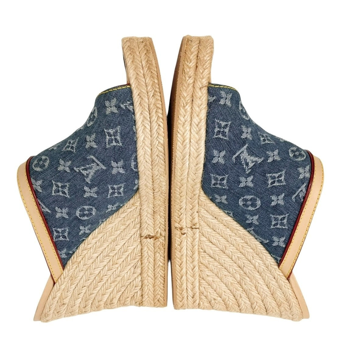 LOUIS VUITTON Vintage Monogram LV Logo Denim Sandals Heels #37.5 Blue Leather