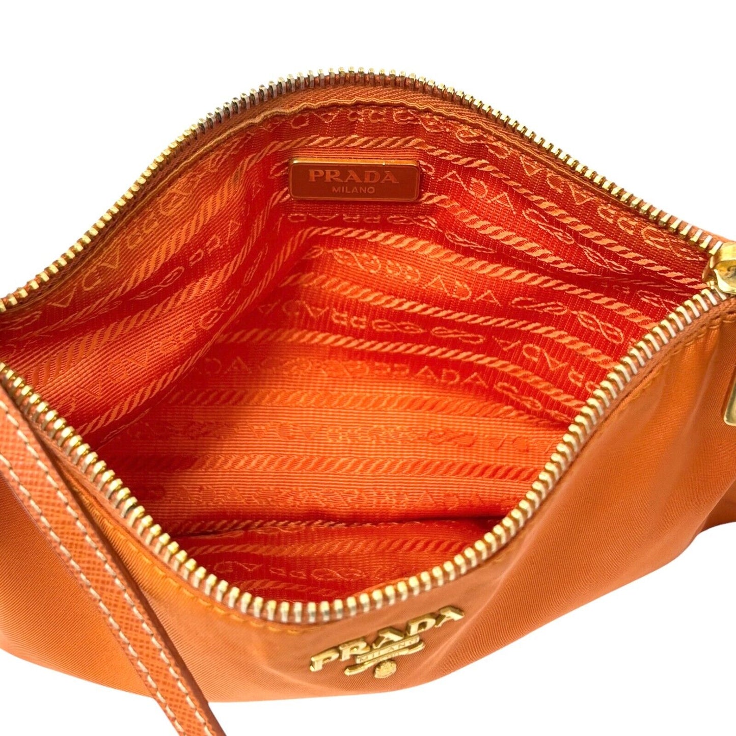 PRADA Vintage Logo Mini Shoulder Bag Pochette Pouch Orange Nylon Zip Leather
