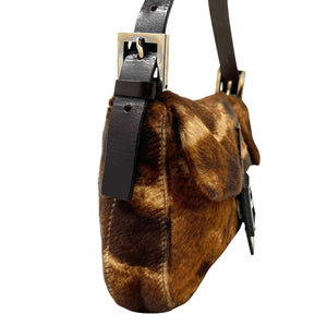 FENDI Vintage Calf Hair Mamma Baguette Shoulder Bag Brown Beige Leather