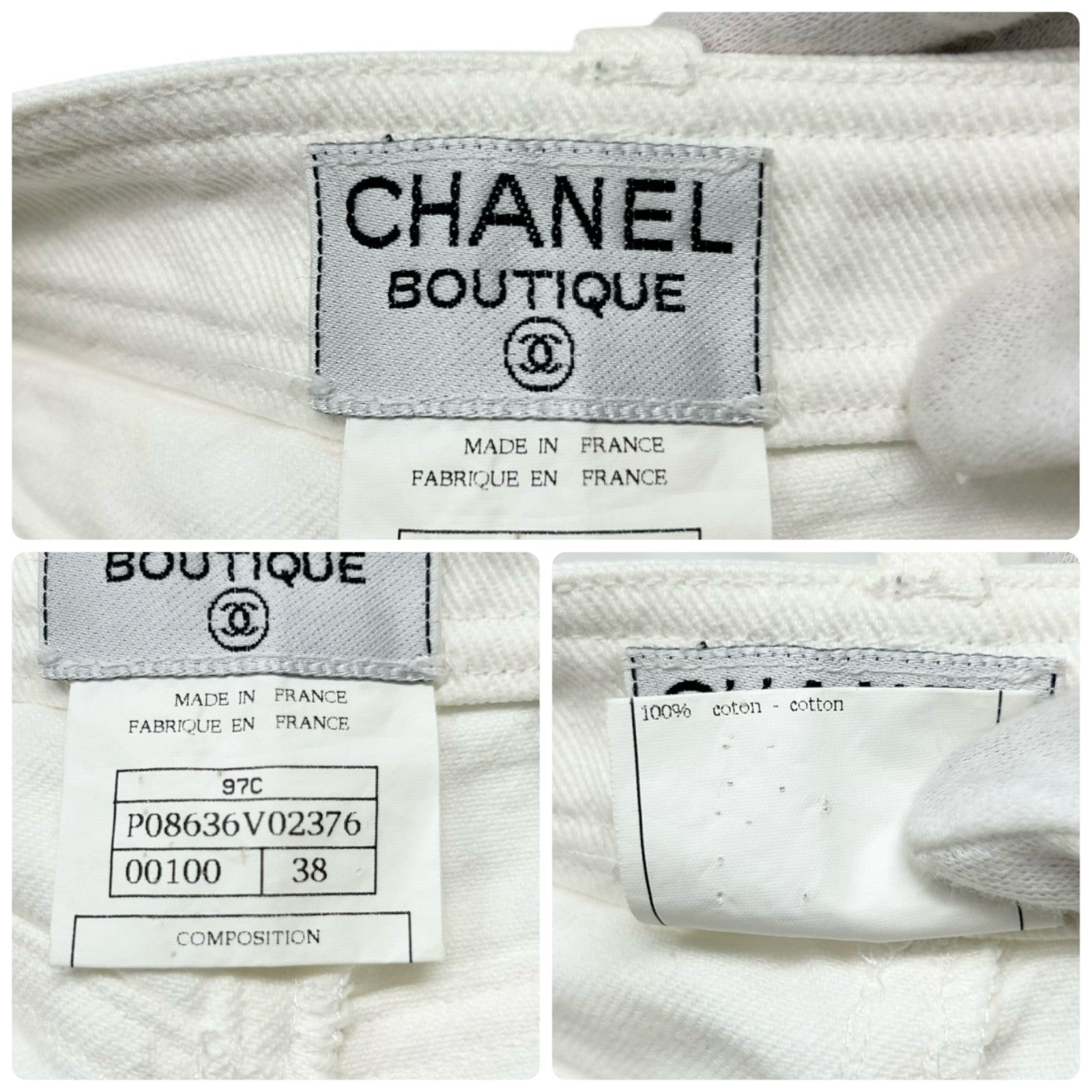CHANEL Vintage 97C CC Logo Denim Pants #38 White Silver Cotton Stitch Pocket