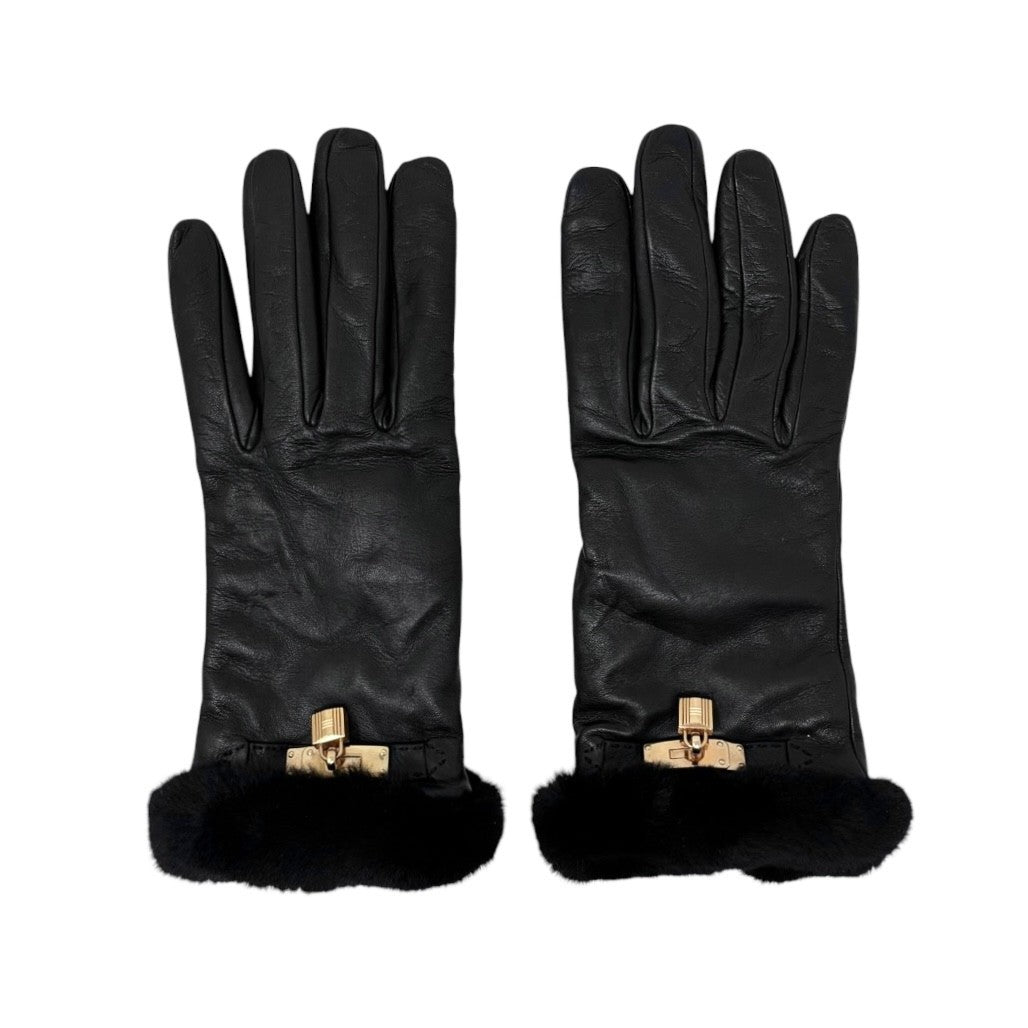 HERMES Vintage Kelly Padlock Cadena Fur Trim Leather Gloves #7.5 Black 902001