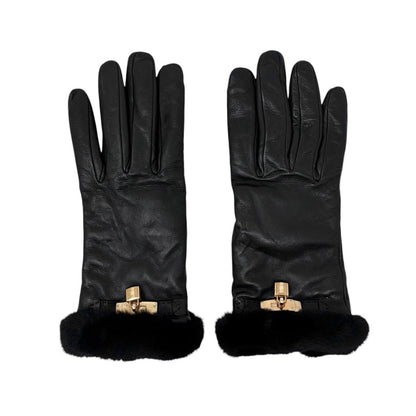 HERMES Vintage Kelly Padlock Cadena Fur Trim Leather Gloves #7.5 Black 902001
