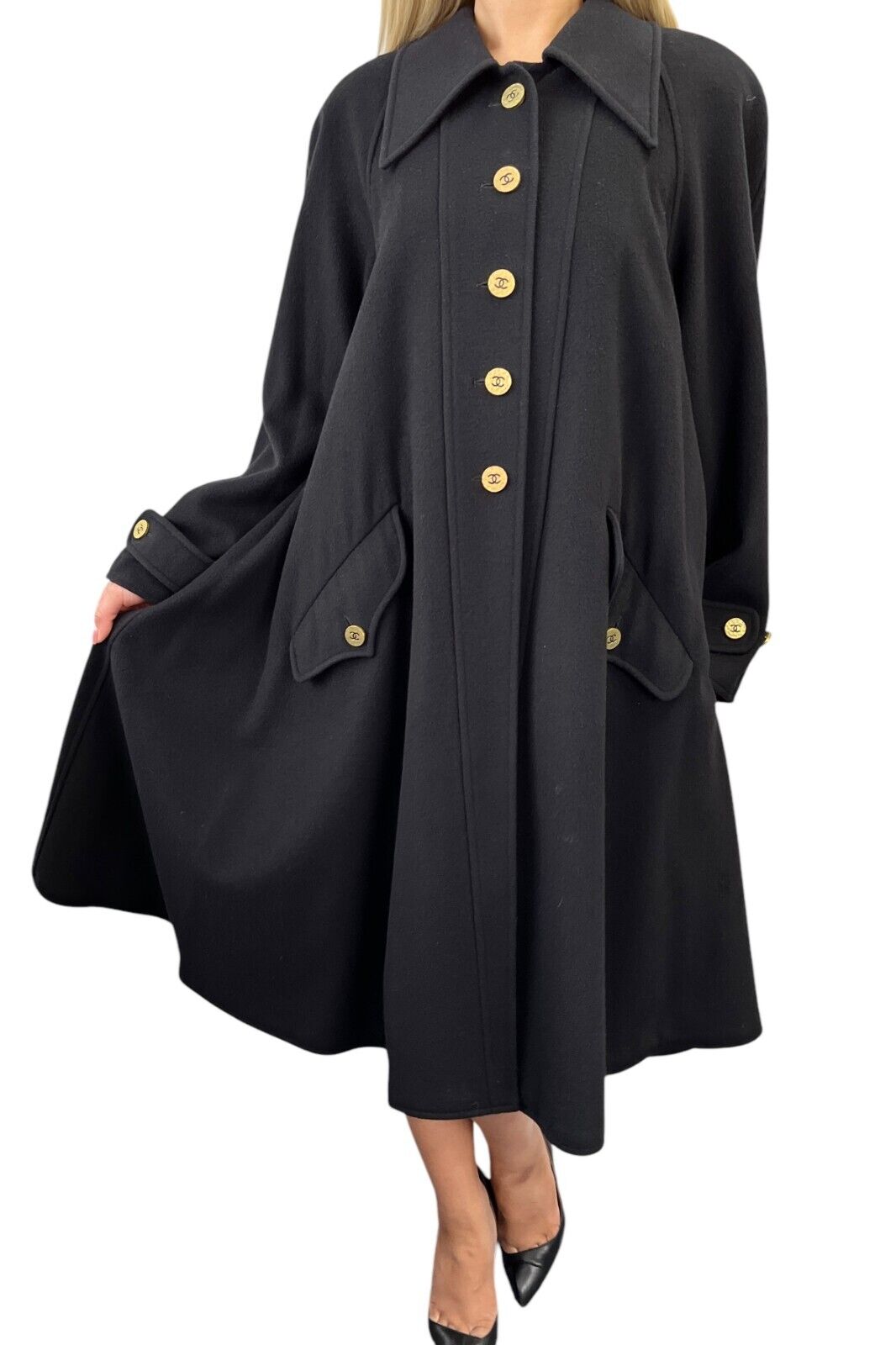 CHANEL Vintage 94A CC Logo Long Jacket Coat #36 Button Black Gold Cashmere