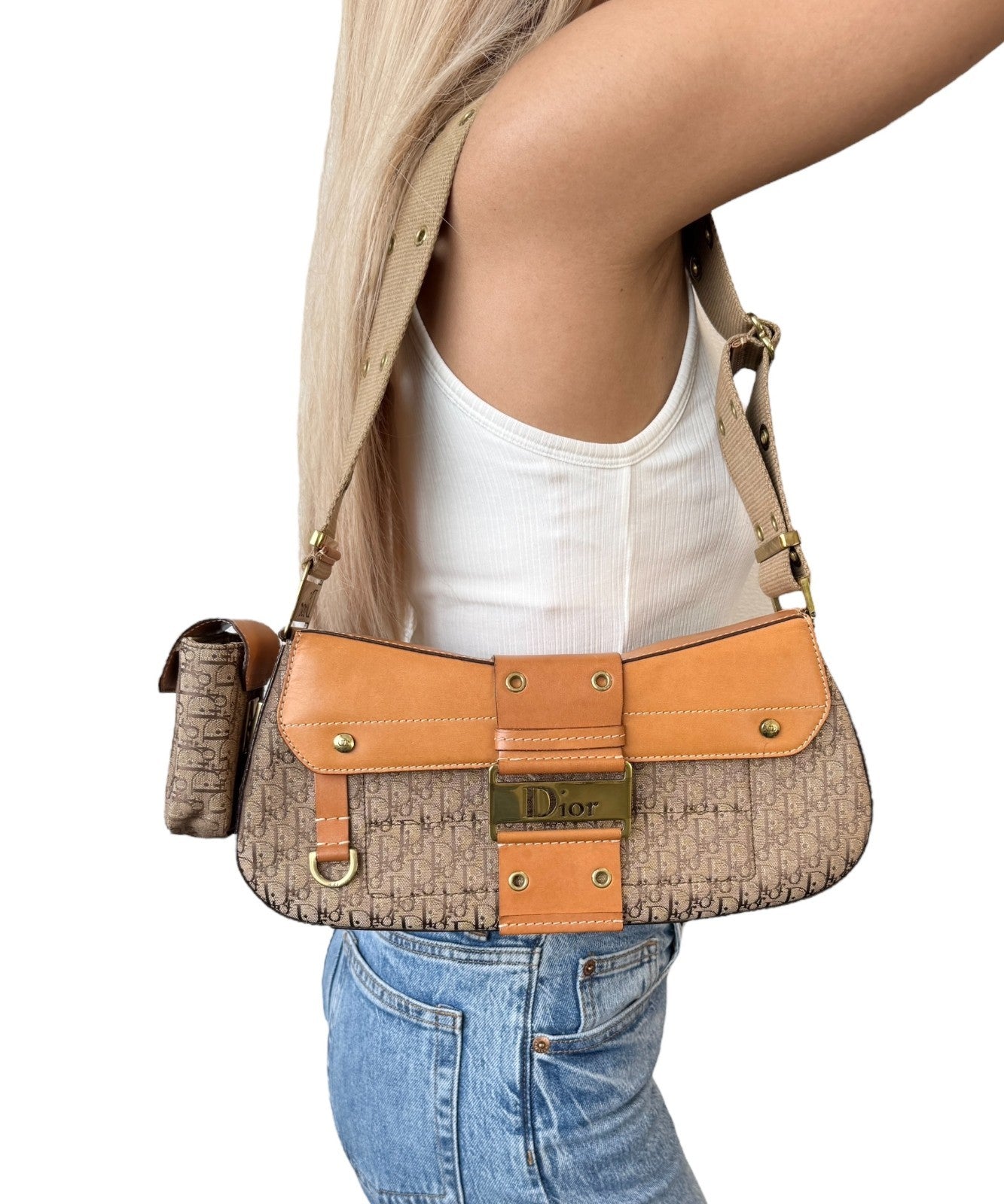 Christian Dior Vintage Trotter Monogram Street Chic Columbus Shoulder Bag Beige