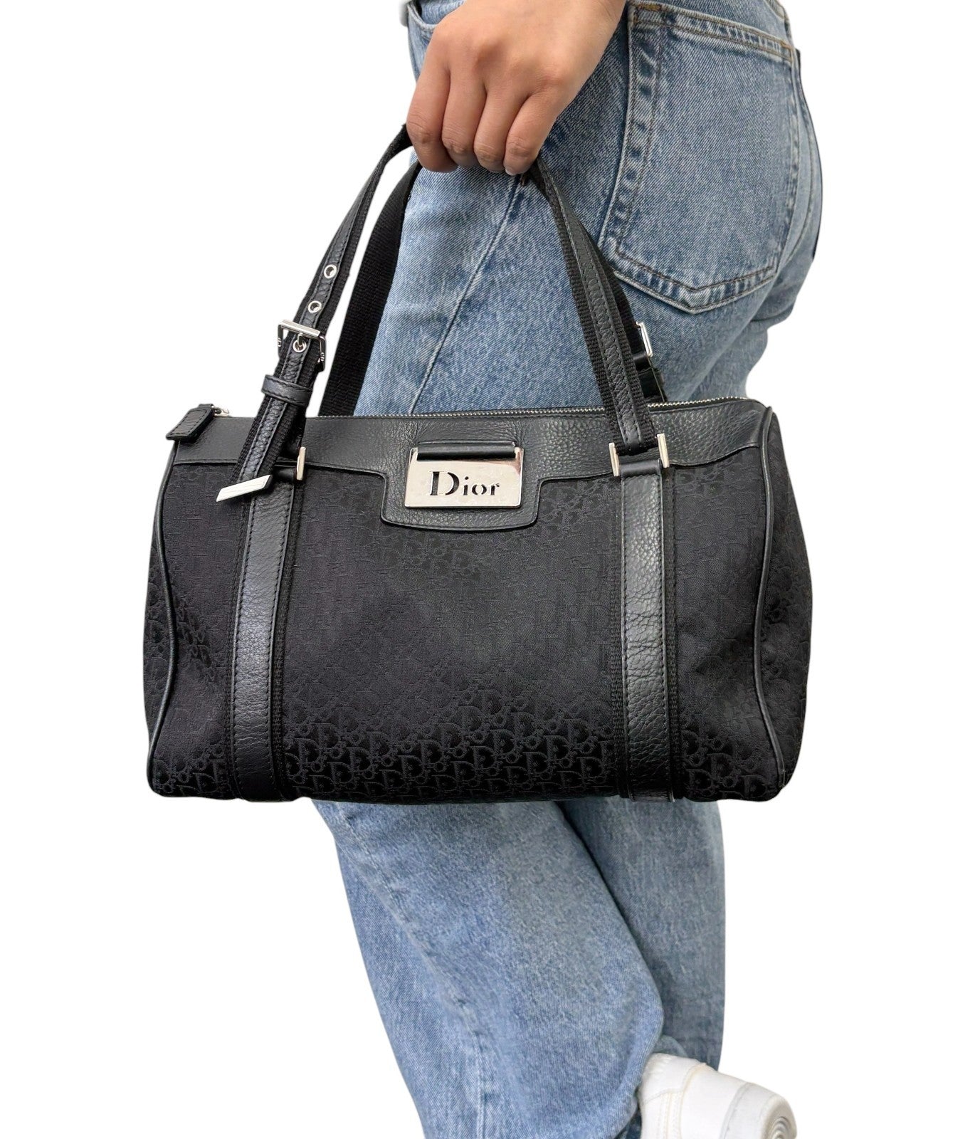 Christian Dior Street Chic Trotter Monogram Boston Bag Black Canvas 902442