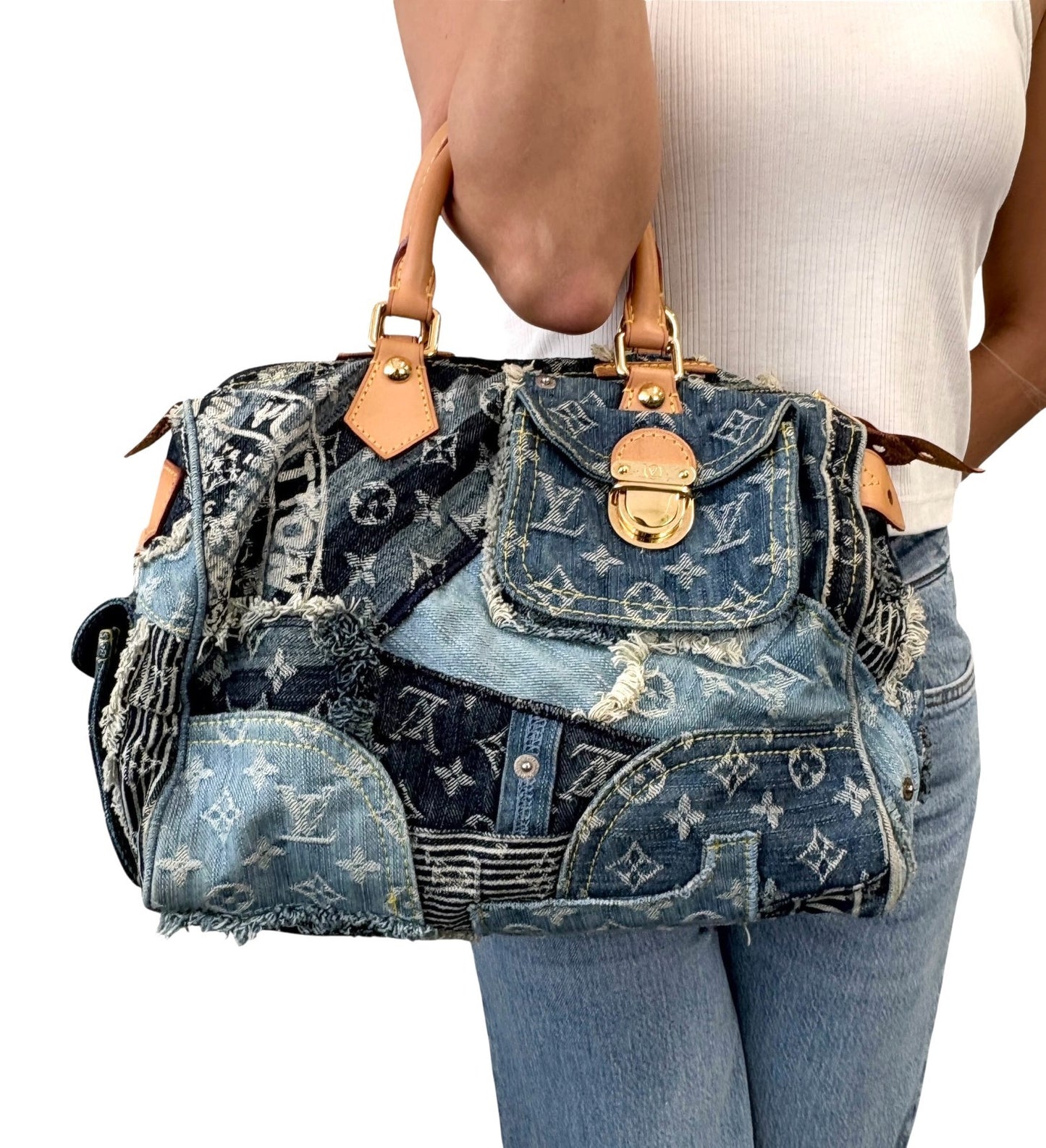 LOUIS VUITTON Vintage Monogram Patchwork Denim Speedy 30 Boston Bag Blue Brown