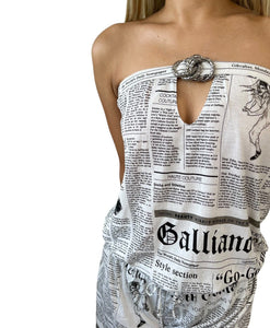 John Galliano Vintage Newspaper Rompers #38 White Black Cotton Blend Rank AB