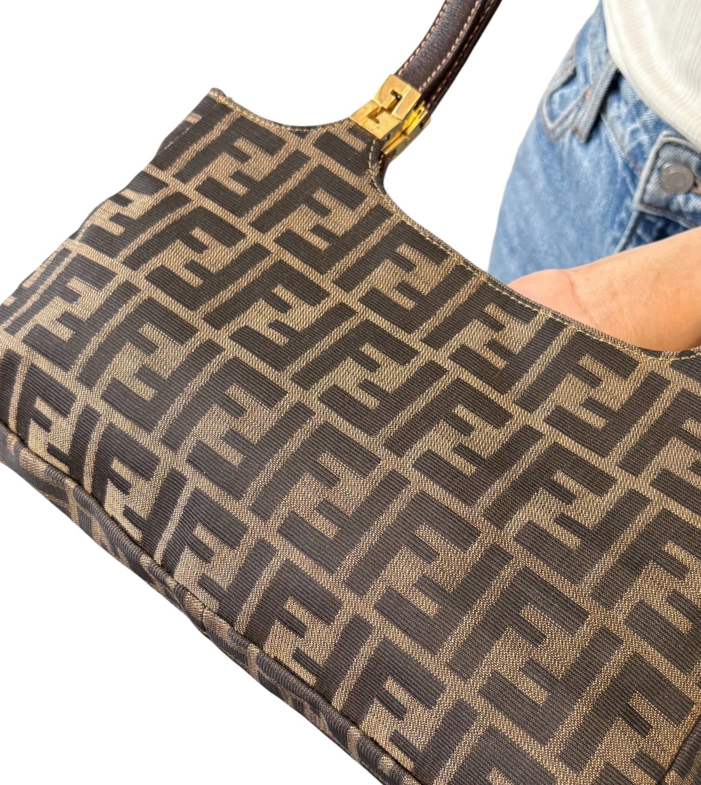 FENDI Vintage FF Zucca Monogram Canvas Shoulder Bag Brown Gold Leather 902063
