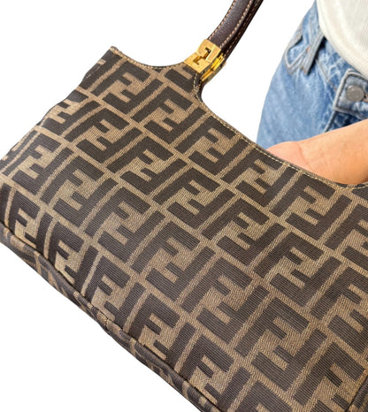 FENDI Vintage FF Zucca Monogram Canvas Shoulder Bag Brown Gold Leather 902063