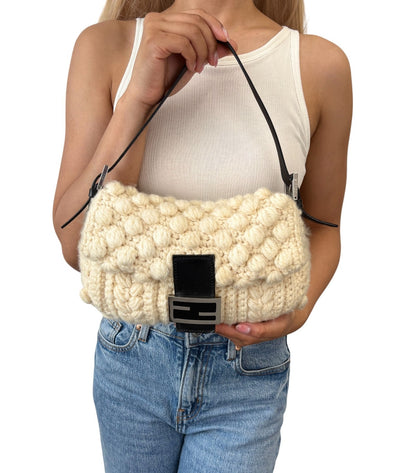FENDI Vintage FF Logo Wool Knit Mamma Baguette Shoulder Bag Cream Brown 902054