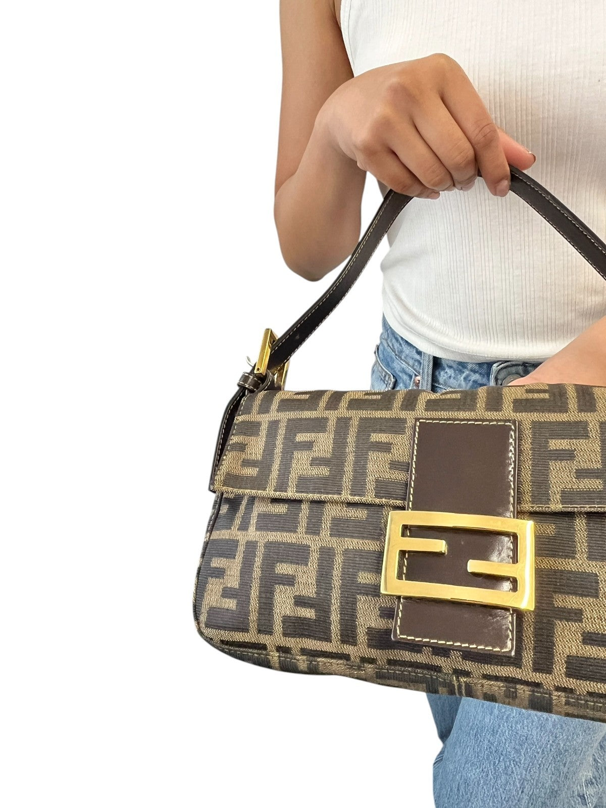 FENDI Vintage FF Logo Zucca Mamma Baguette Canvas Shoulder Bag Brown 901836