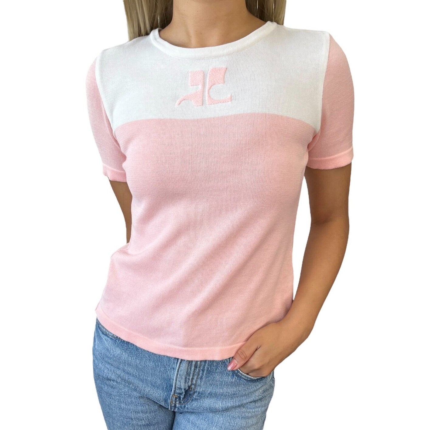Courreges Vintage Logo Bicolor Knit T-shirt #9R Top Pink White Cotton Rank AB
