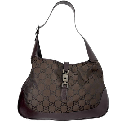 GUCCI Vintage Logo Jackie Shoulder Bag Dark Brown Silver Canvas Leather 902341