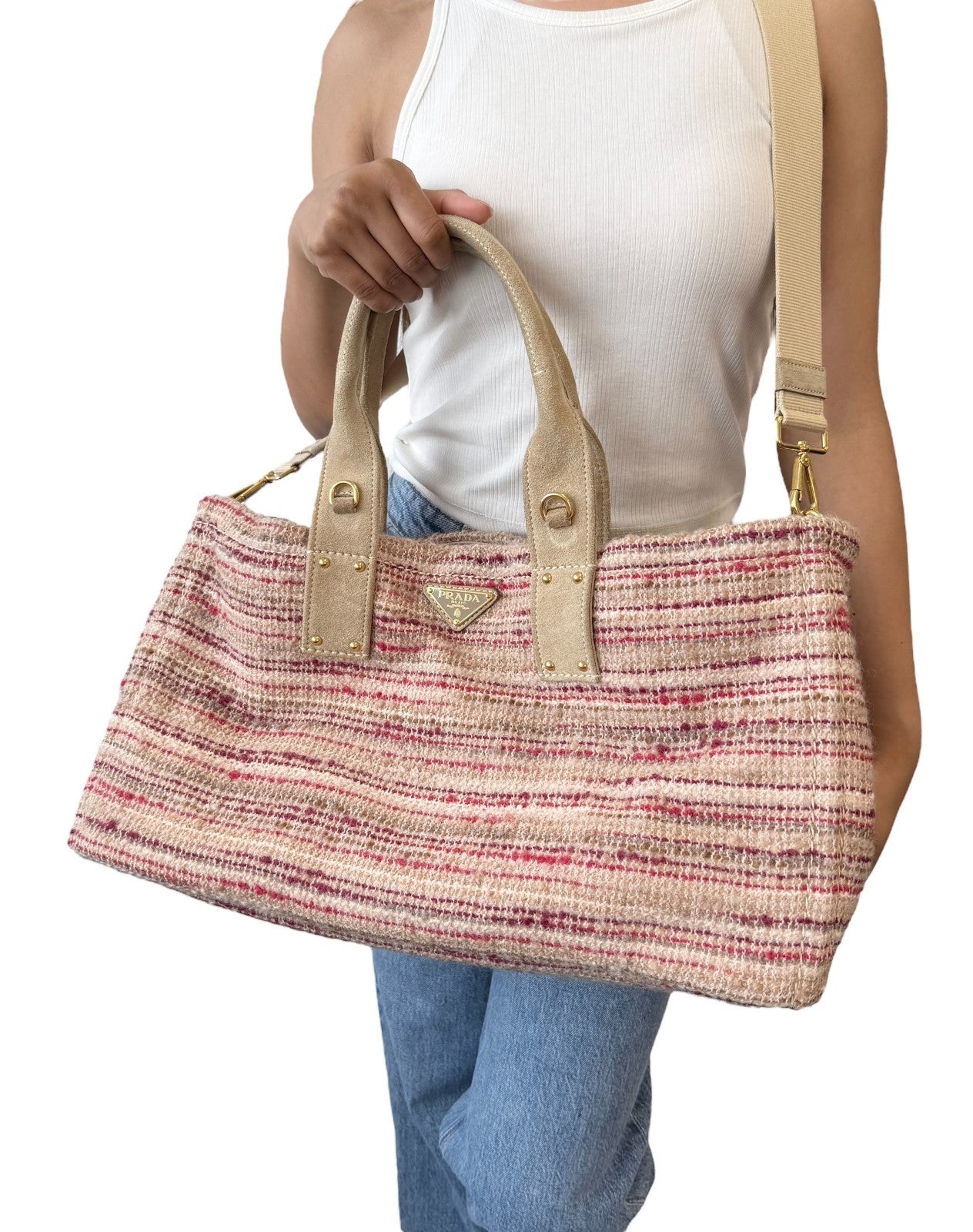 PRADA Vintage Logo Tweed 2way Tote Bag Crossbody Pink Cream Gold Wool Suede