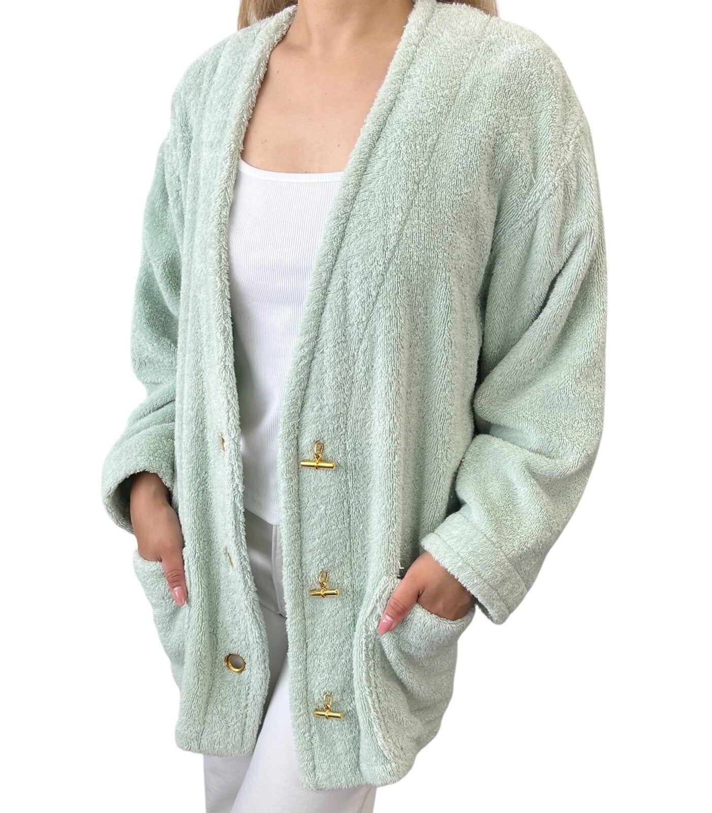 HERMES Vintage Logo Echapee Toggle Button Bathrobe #XS Green Cotton Terry Cloth