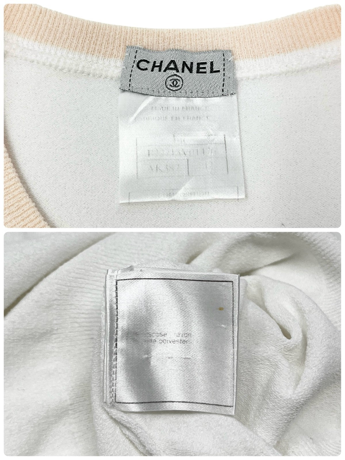 CHANEL Vintage 04C CC Logo Knit Top #42 Pullover White Beige Rayon Polyester