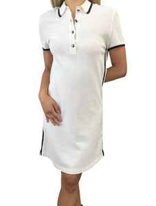 CHANEL Vintage 96C CC Logo Button Up Dress #38 Polo White Black Gold Cotton