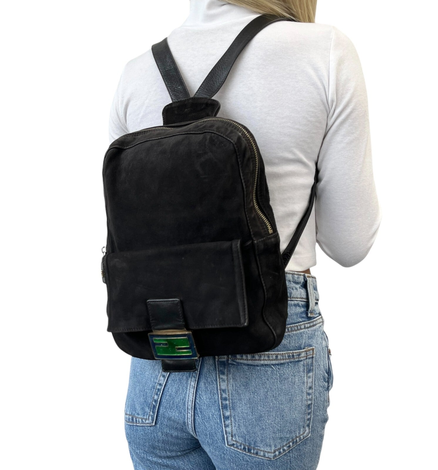 FENDI Vintage FF Logo Backpack Zip Black Green Suede Leather Front Pocket