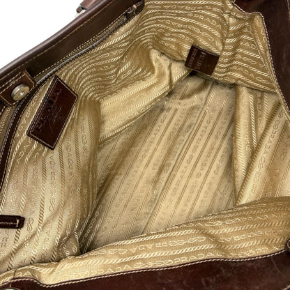 PRADA Vintage Jacquard Logo Tote Bag Brown Silver Canvas Leather 902911
