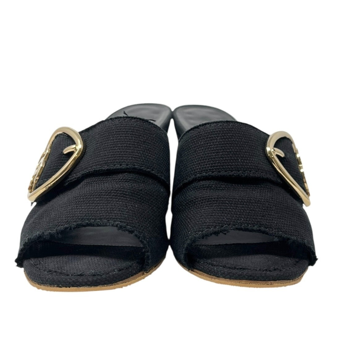 CHANEL Vintage CC Mark Logo Sandals Heart Buckle #36.5-37 Black Gold Cotton