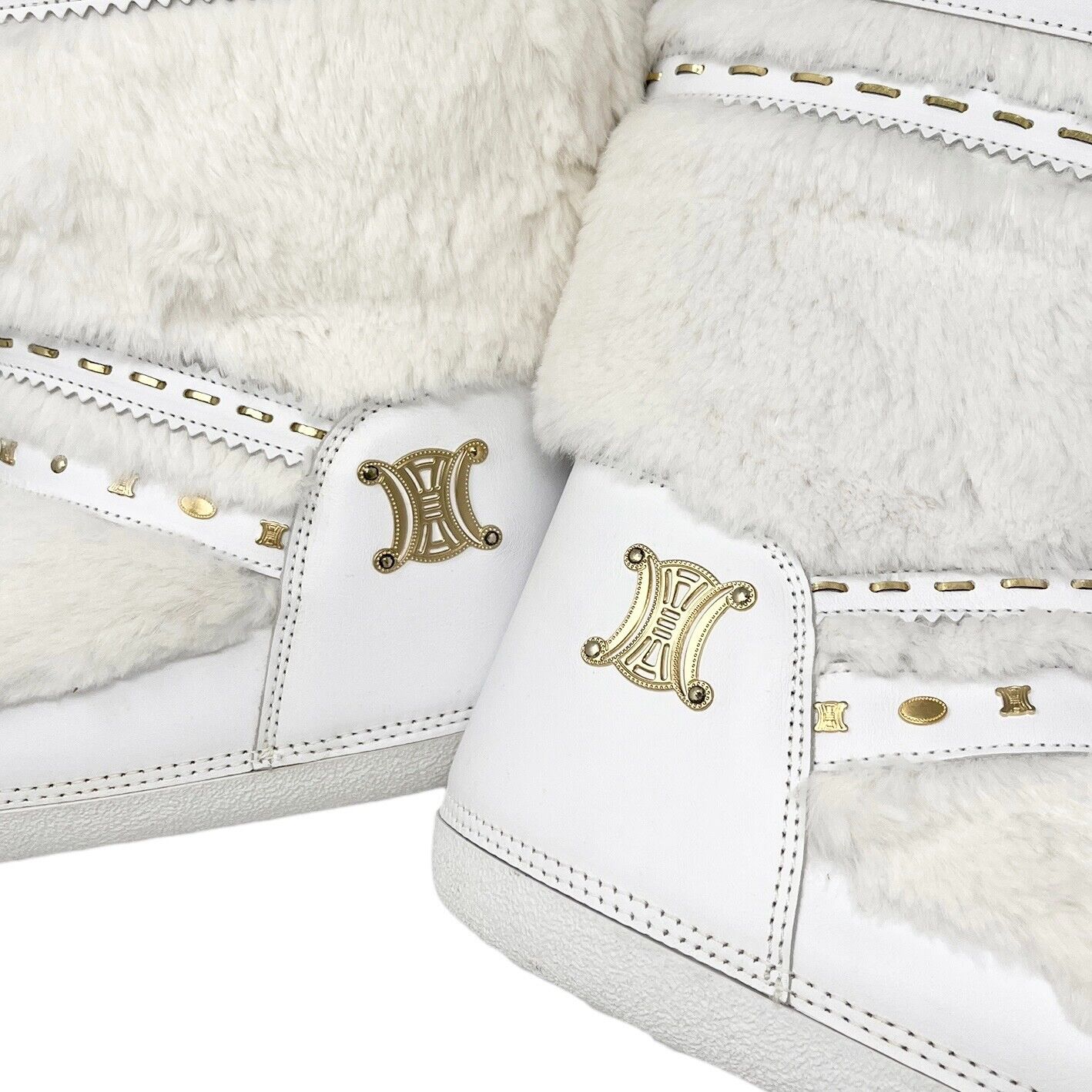 CELINE Vintage Macadam Logo Faux Fur Snow Boots #38-40 US8-10 White Gold RankAB