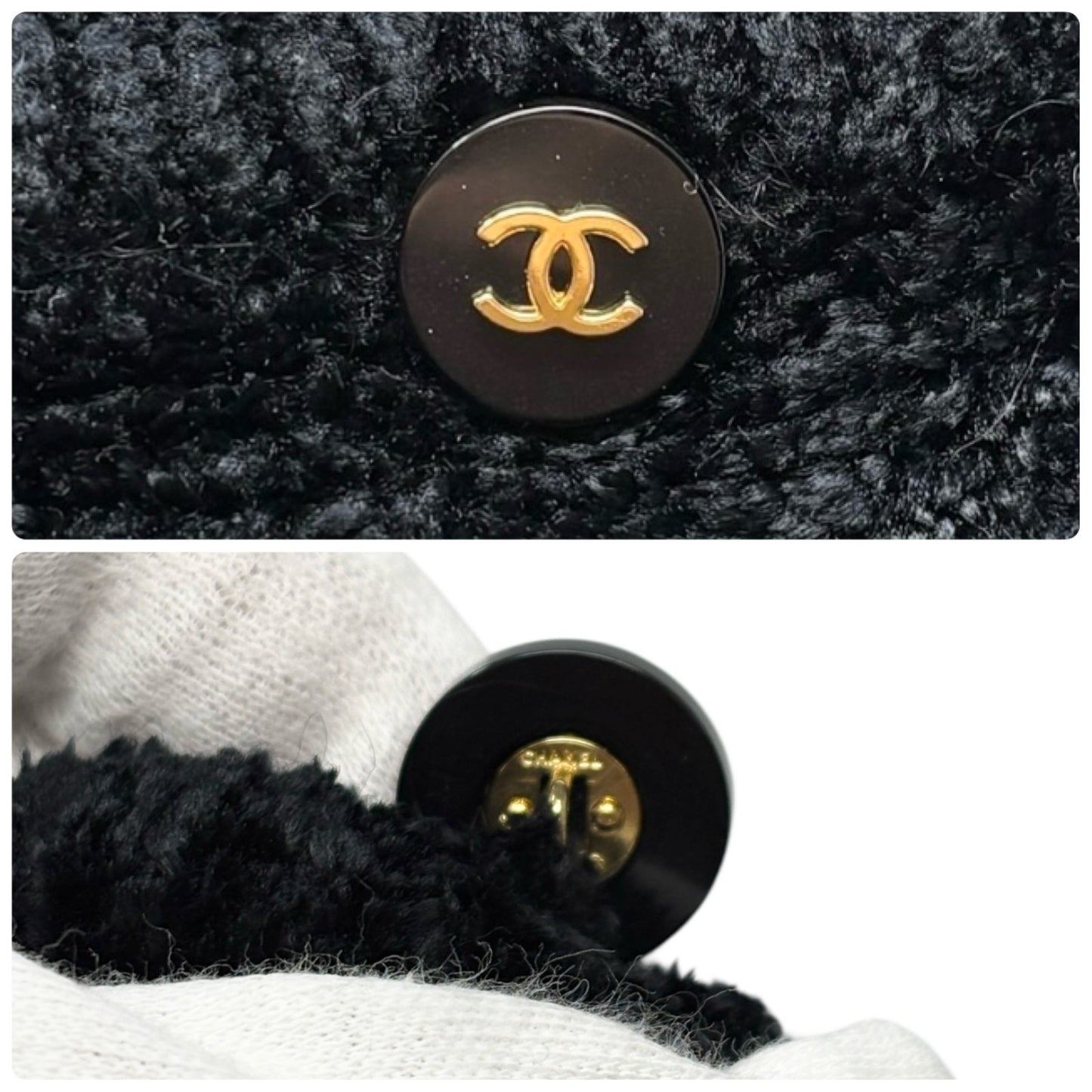 CHANEL Vintage 95A CC Logo Button Cardigan Sweater Top #38 Black Gold Velour