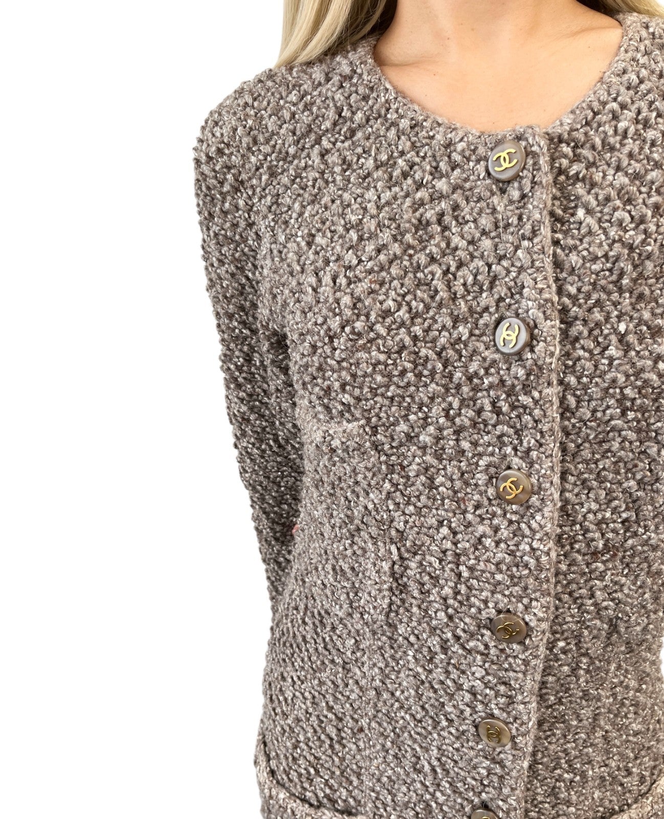 CHANEL Vintage 93A CC Logo Button Long Knit Cardigan Sweater #36 Beige Gray