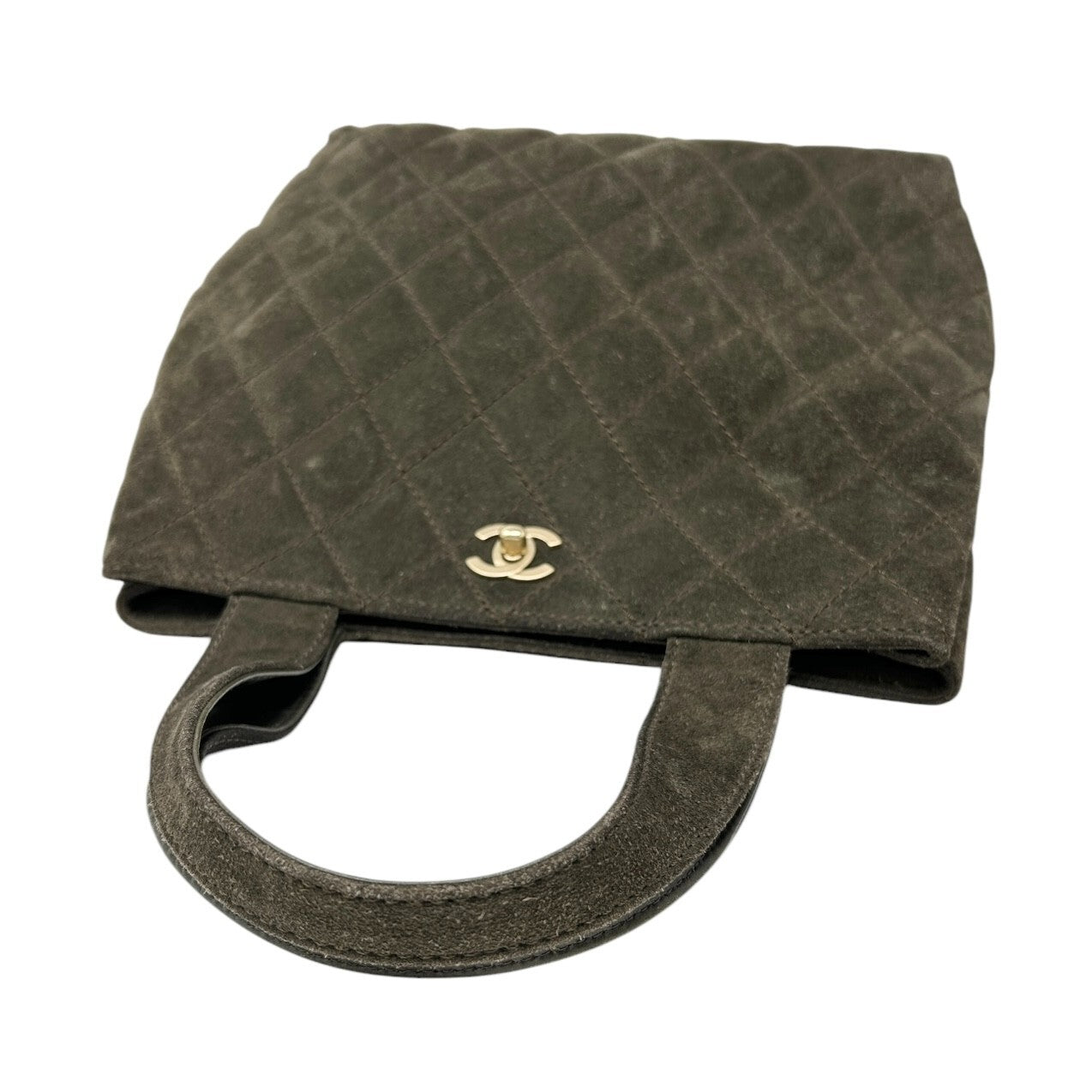 CHANEL Vintage CC Mark Logo Tote Bag Handbag Turnlock Brown Gold Suede Stitch
