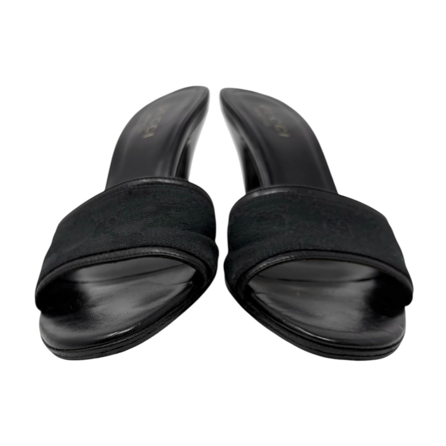 GUCCI Vintage GG Monogram Open Toe Sandals #37.5 Black Heels Canvas