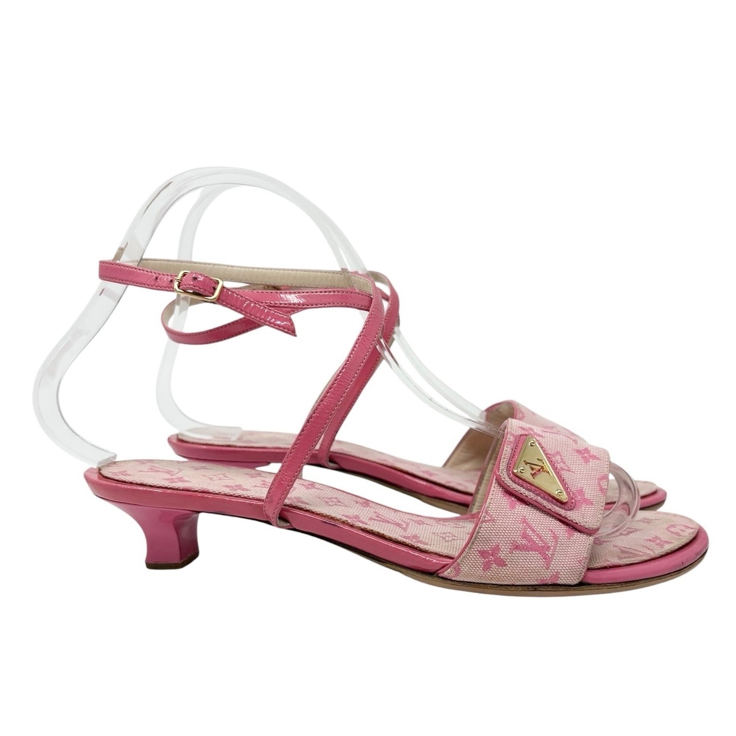 LOUIS VUITTON Vintage LV Logo Monogram Mule Sandals #37 Pink Gold Canvas