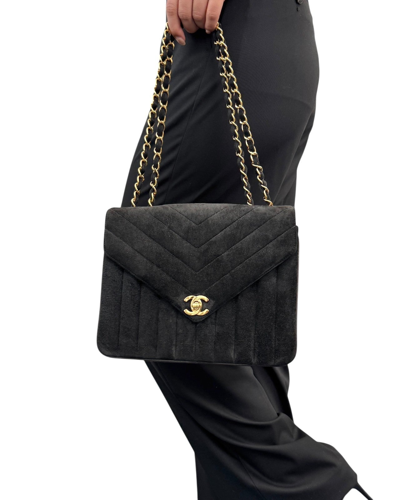 CHANEL Vintage CC Mark Logo Suede Crossbody Shoulder Bag Chain Black Gold