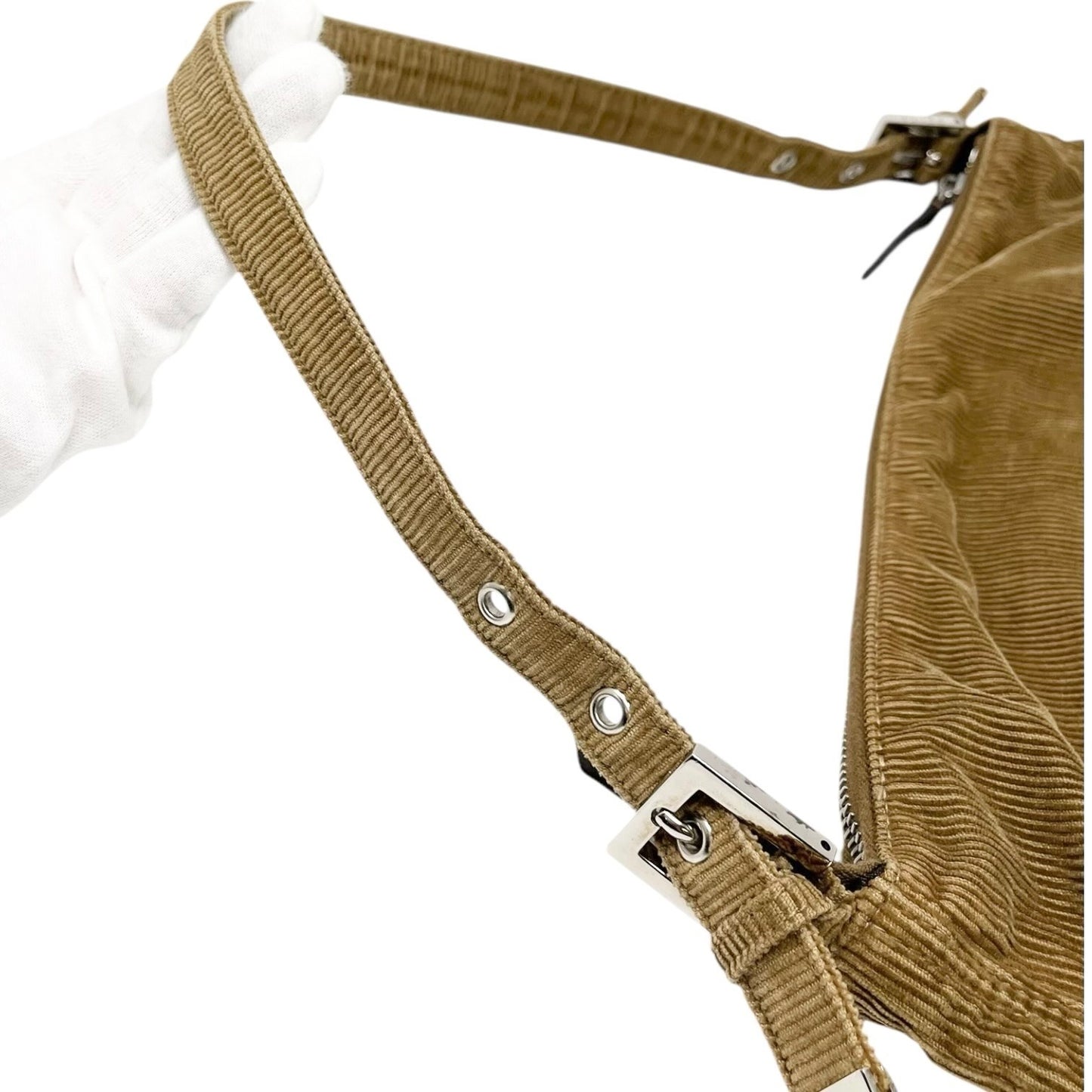 FENDI Vintage FF Logo Mamma Baguette Corduroy Shoulder Bag Beige Silver