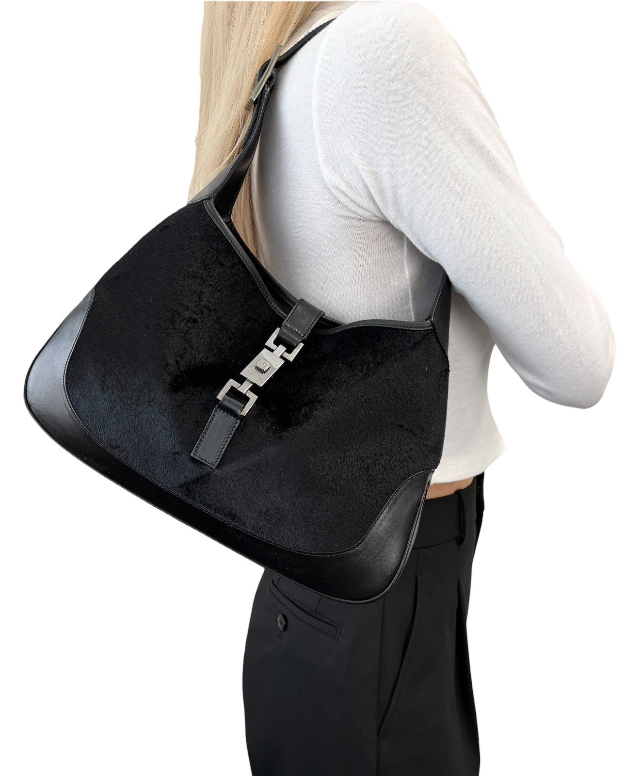 GUCCI Vintage Jackie Logo Velvet Hobo Shoulder Bag Handbag Black Silver Leather
