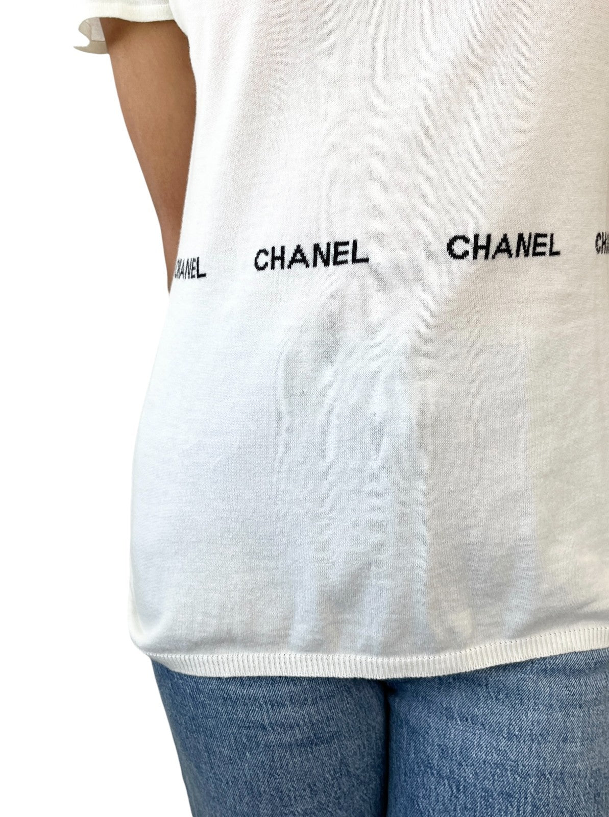 CHANEL Vintage 04P CC T-Shirt Top #38 Short Sleeve White Black Cotton 902579