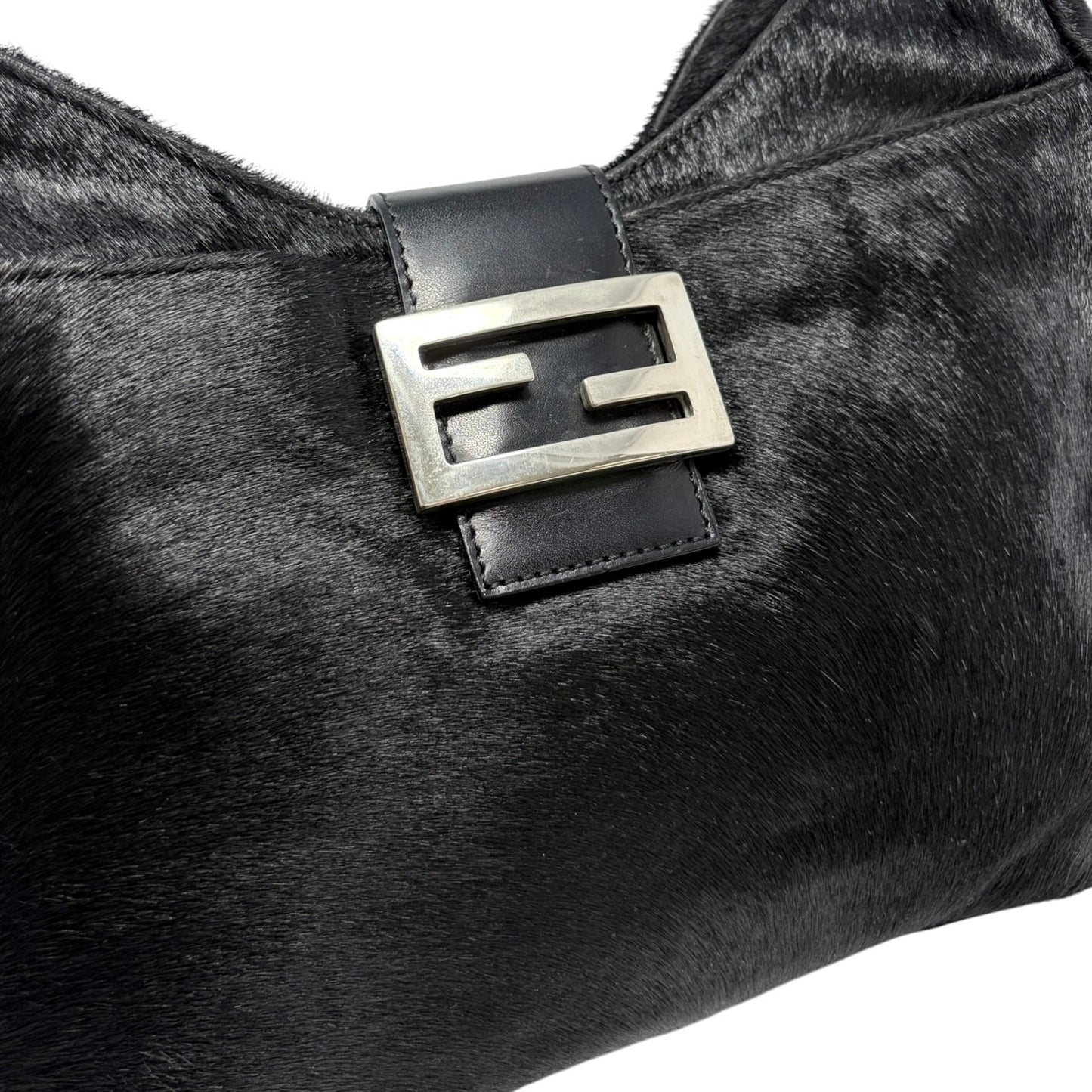 FENDI Vintage FF Logo Pony Calf Hair Hobo Shoulder Bag Black Silver 902040