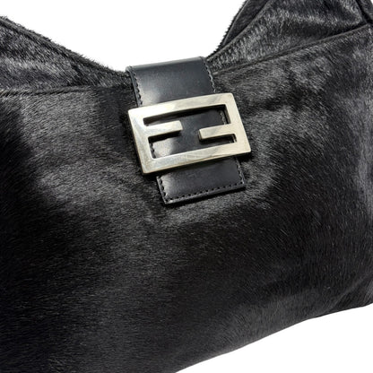 FENDI Vintage FF Logo Pony Calf Hair Hobo Shoulder Bag Black Silver 902040