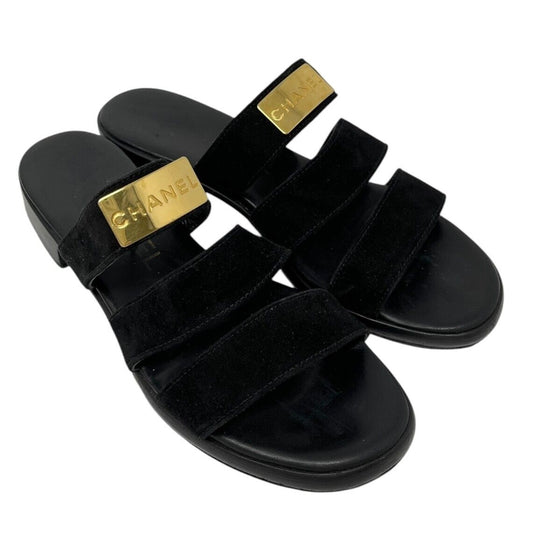CHANEL Vintage CC Mark Logo Plate Slide Sandals #37-37.5 Black Gold Suede