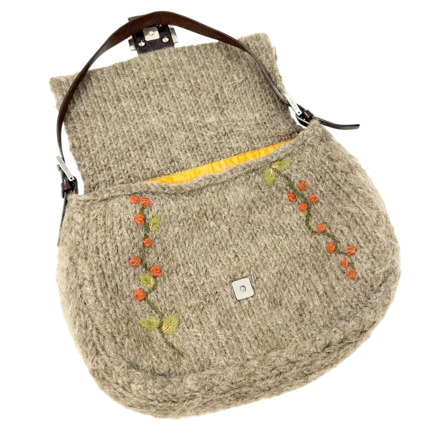 FENDI Vintage FF Knit Mamma Baguette Flower Wool Shoulder Bag Beige Brown