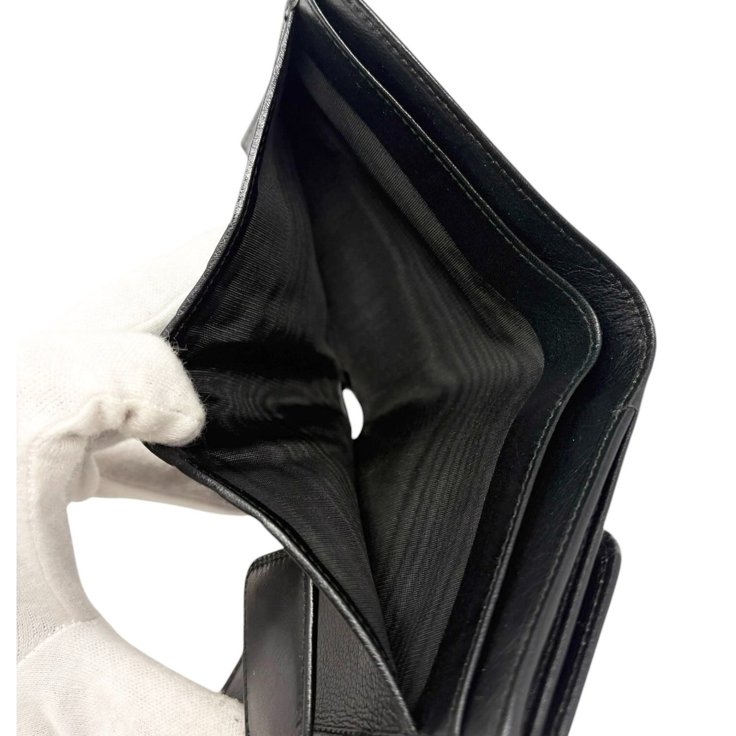 GUCCI Vintage Logo Horsebit Tri-fold Wallet Purse Black Gold Leather Square