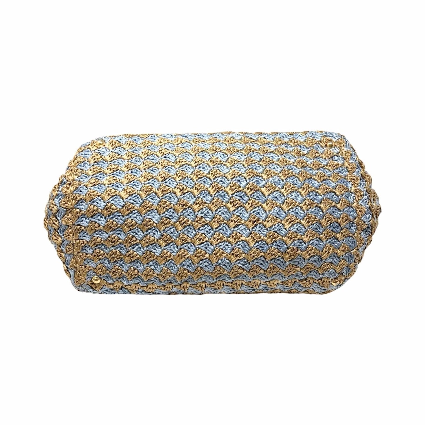 PRADA Vintage Triangle Logo Raffia Canapa Tote Bag Beige Blue Crochet 902055