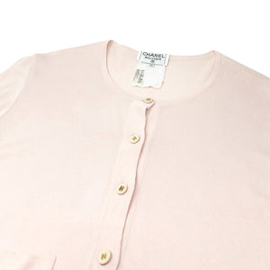 CHANEL Vintage CC Mark Logo Cardigan Pink Cotton Button Long Sleeve Top Pockets