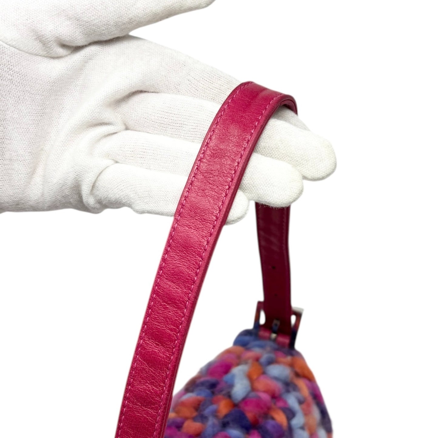 FENDI Vintage FF Logo Crochet Mamma Baguette Shoulder Bag Pink Multicolor Wool
