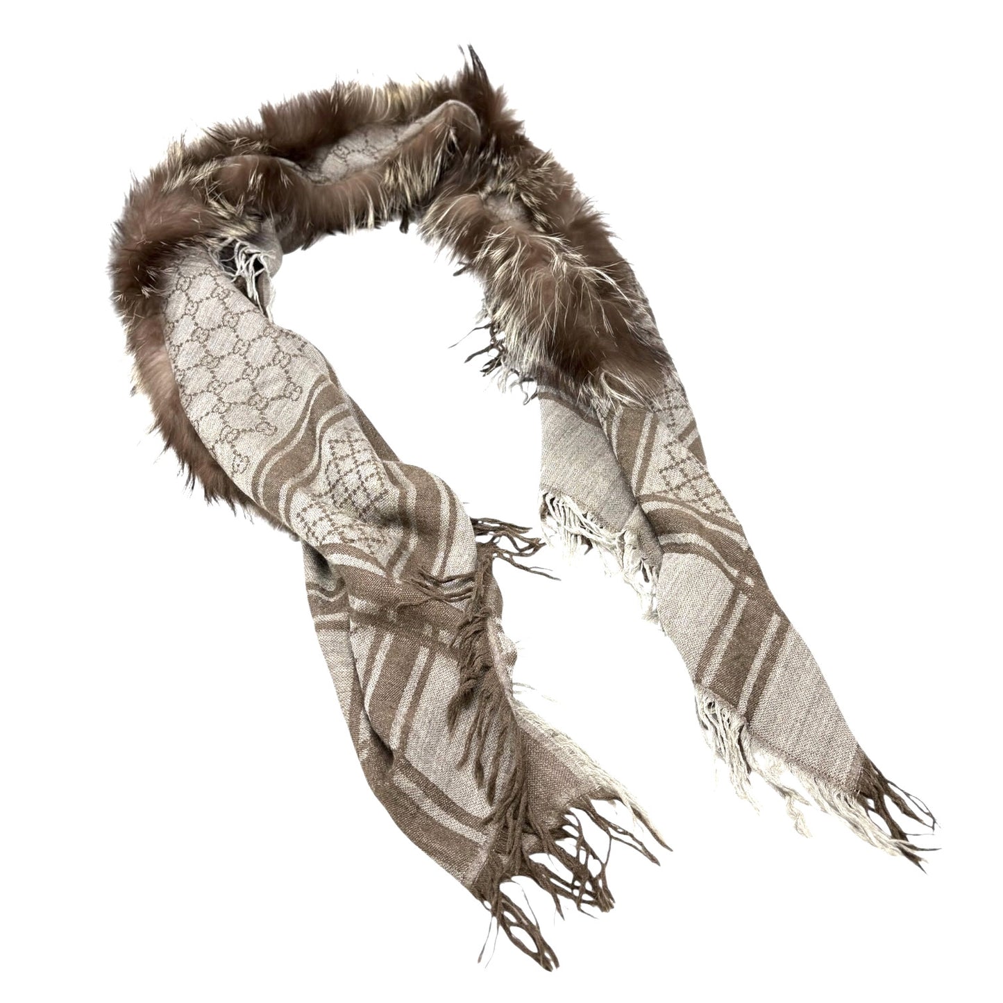 GUCCI Vintage GG Logo Monogram Fox Fur Shawl Scarf Wrap Gray Brown Wool