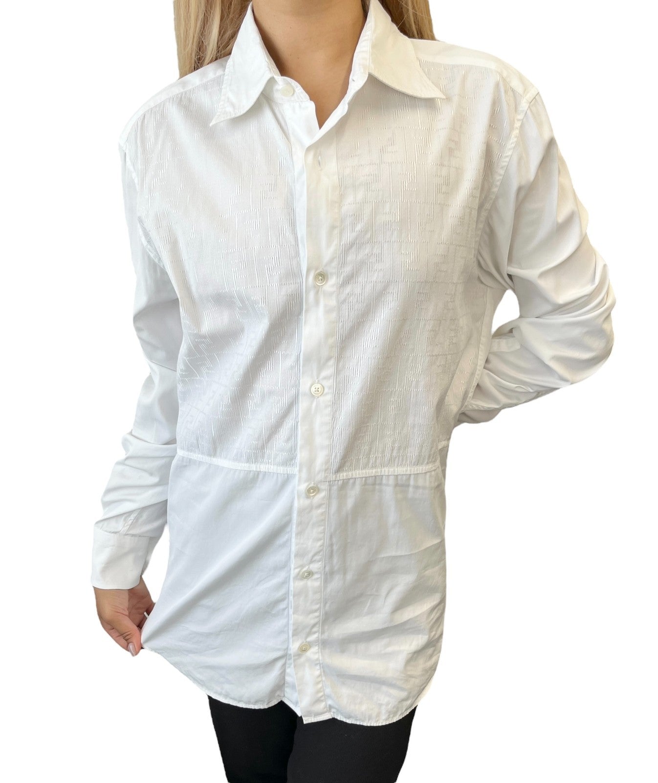 FENDI Vintage Zucca Monogram Long Sleeve Shirt #39 Button White Cotton