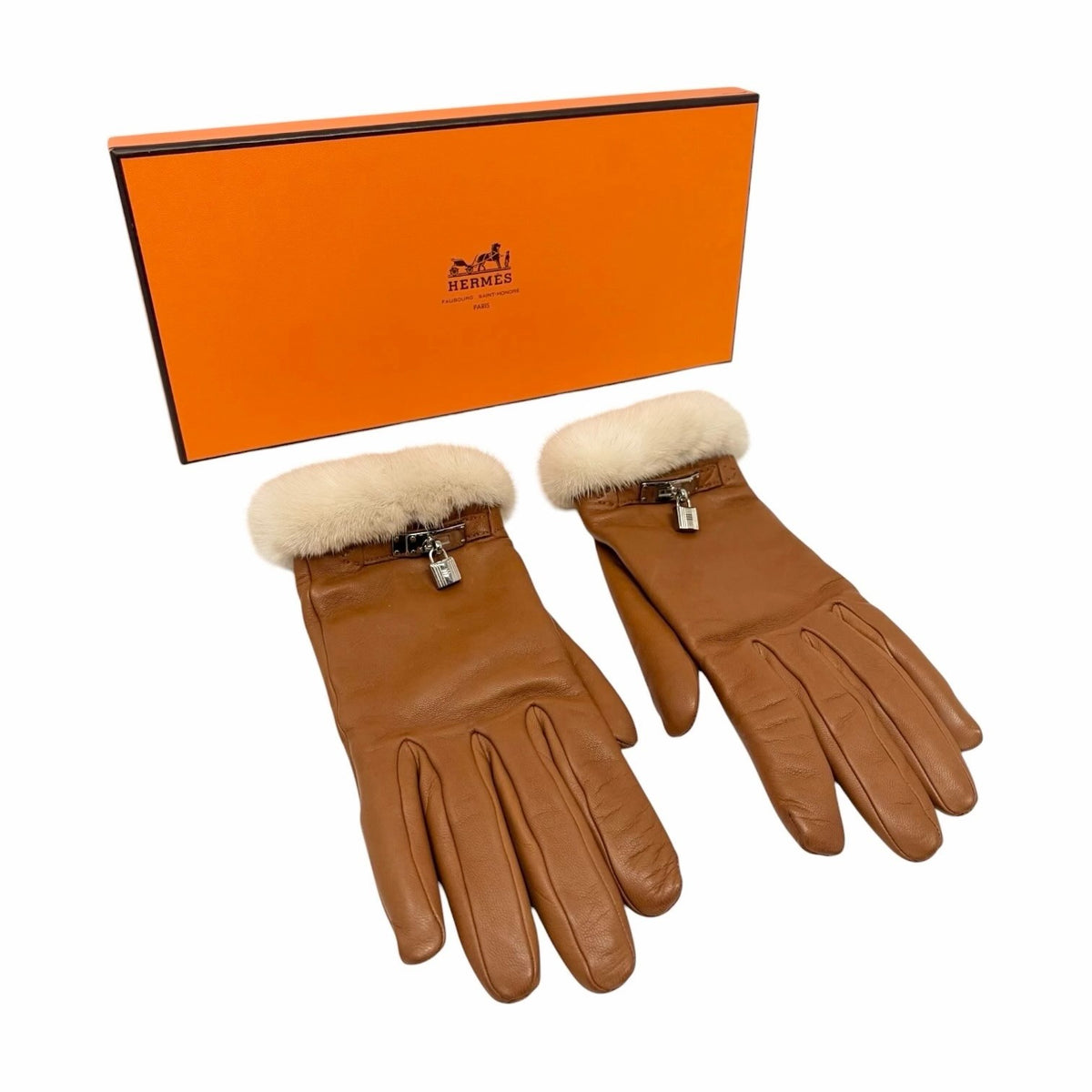 HERMES Vintage Kelly Padlock Cadena Fur Trim Leather Gloves #7 Brown 902367