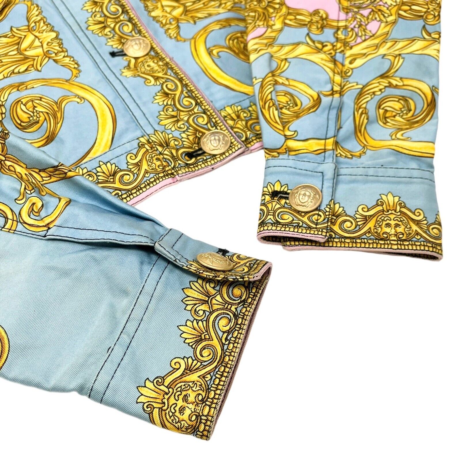 GIANNI VERSACE Vintage 1992 Medusa Baroque Denim Jacket Pink Blue Gold Rank AB