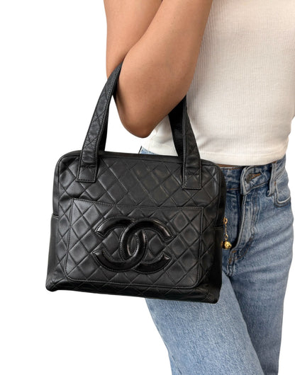 CHANEL Vintage Bic CC Logo Quilted Leather Hand Tote Bag Black Gold 902274