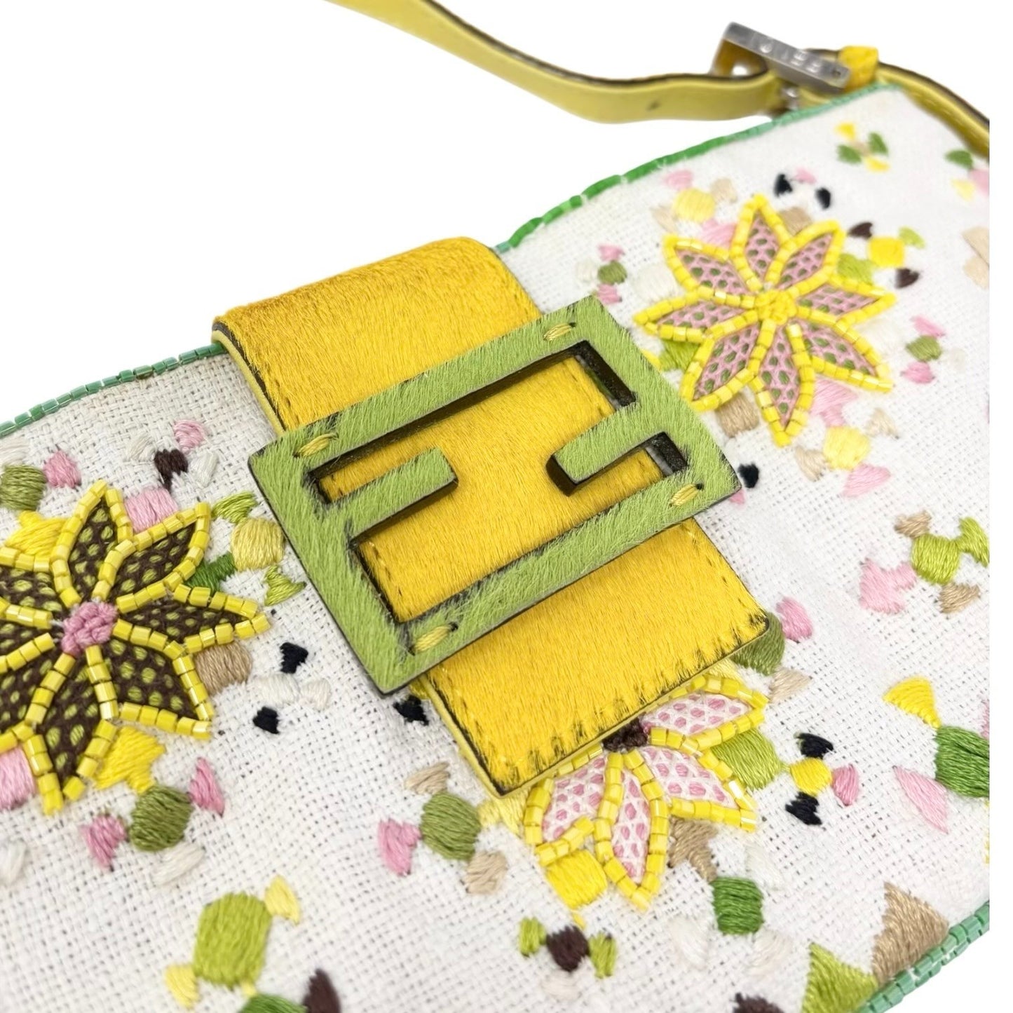 FENDI Vintage FF Beads Mamma Baguette Crossbody Bag Flower Embroidery Yellow