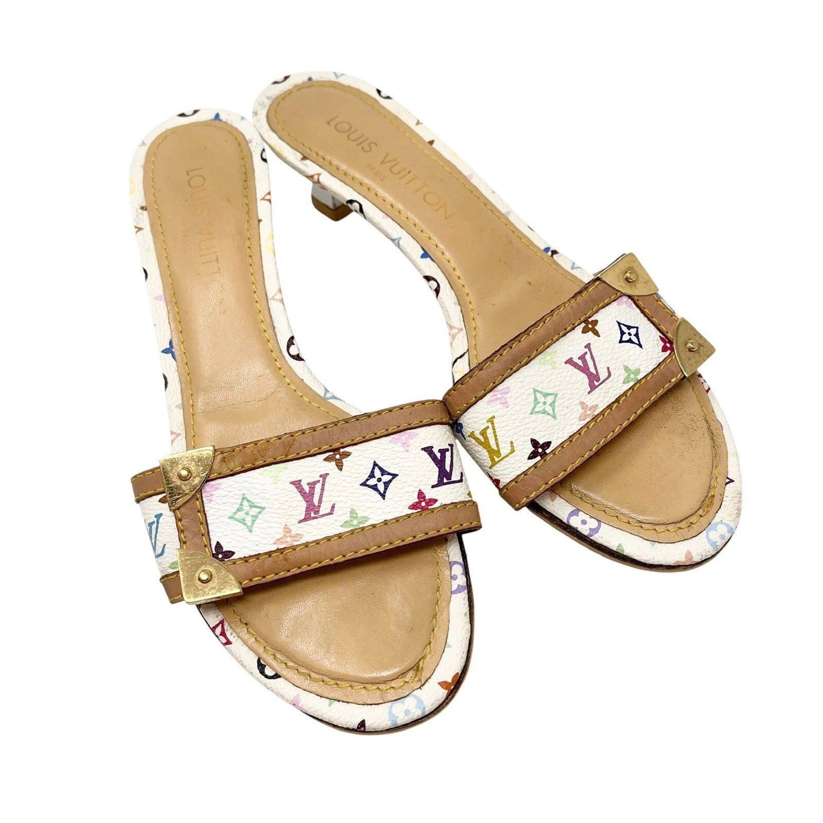 LOUIS VUITTON Vintage Multicolor Monogram Sandals Heels #37.5 White Leather